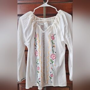 M, Vintage 90s CLC Womens Peasant Shirt Floral Embroidery Boho